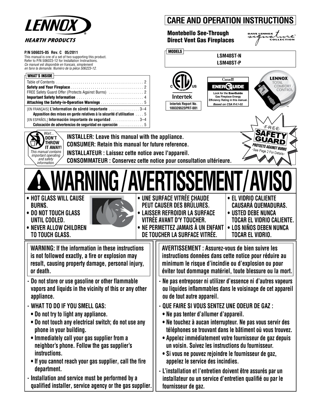 Lennox Hearth LSM40ST-P, LSM40ST-N installation instructions 506025-05 Rev. C 05/2011, Important Safety Information 