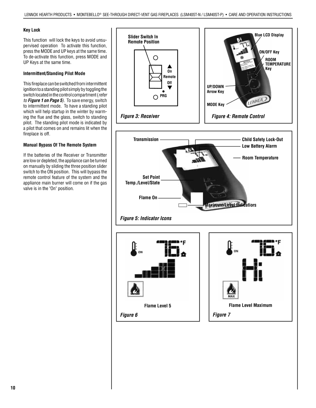 Lennox Hearth LSM40ST-N, LSM40ST-P Key Lock, Intermittent/Standing Pilot Mode, Slider Switch Remote Position, Transmission 