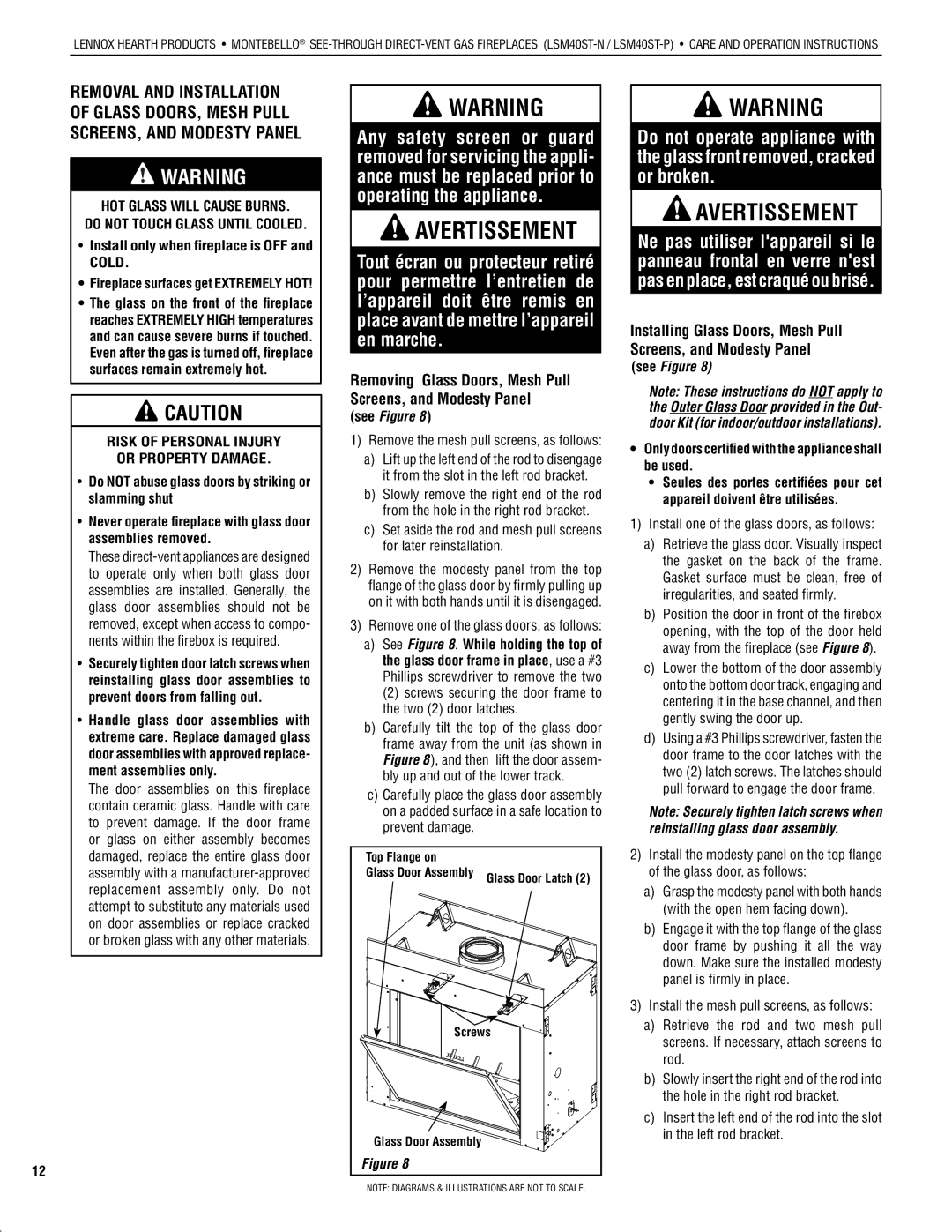 Lennox Hearth LSM40ST-N, LSM40ST-P Hot Glass will Cause Burns, Install only when fireplace is OFF and Cold, See Figure 