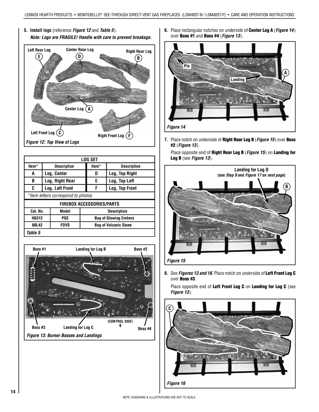 Lennox Hearth LSM40ST-N Install logs reference and Table, Log, Center Log, Top Right, Log, Top Left, Log, Top Front 