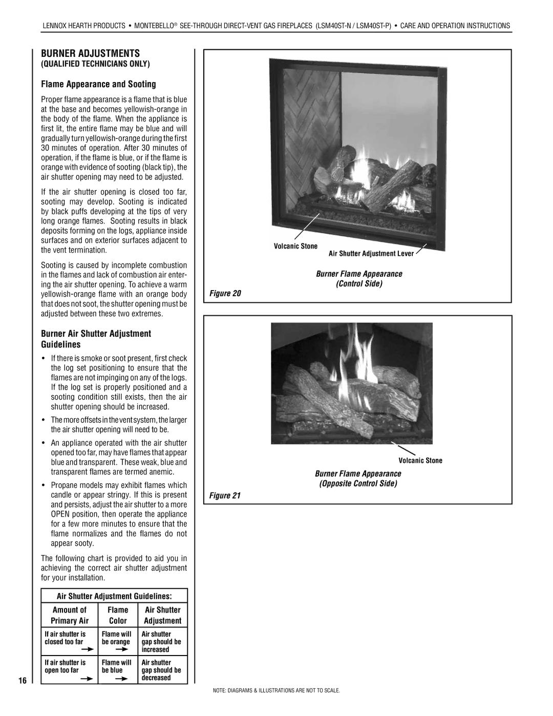 Lennox Hearth LSM40ST-N Burner Adjustments, Flame Appearance and Sooting, Burner Air Shutter Adjustment Guidelines 