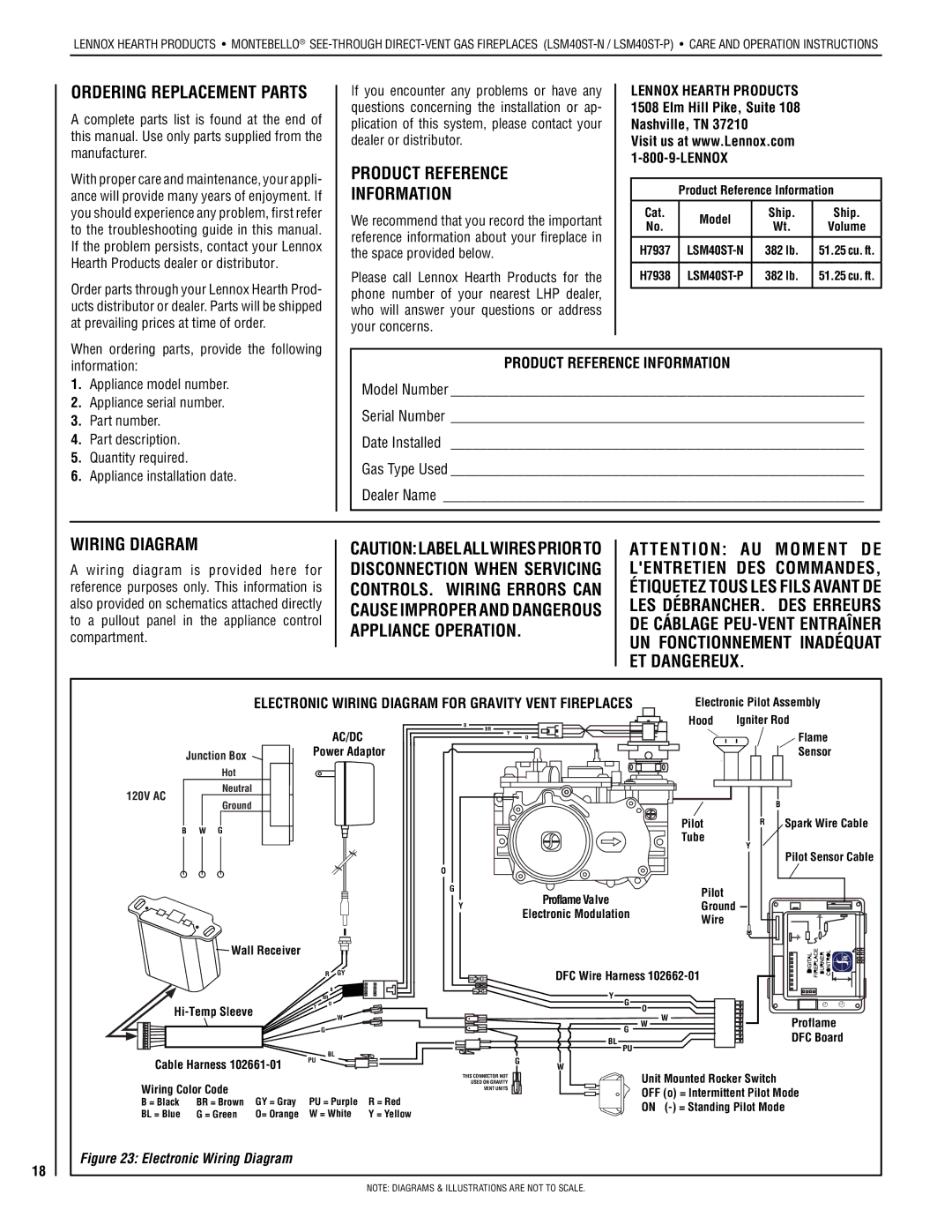 Lennox Hearth LSM40ST-N, LSM40ST-P installation instructions Ordering Replacement parts, Wiring Diagram 