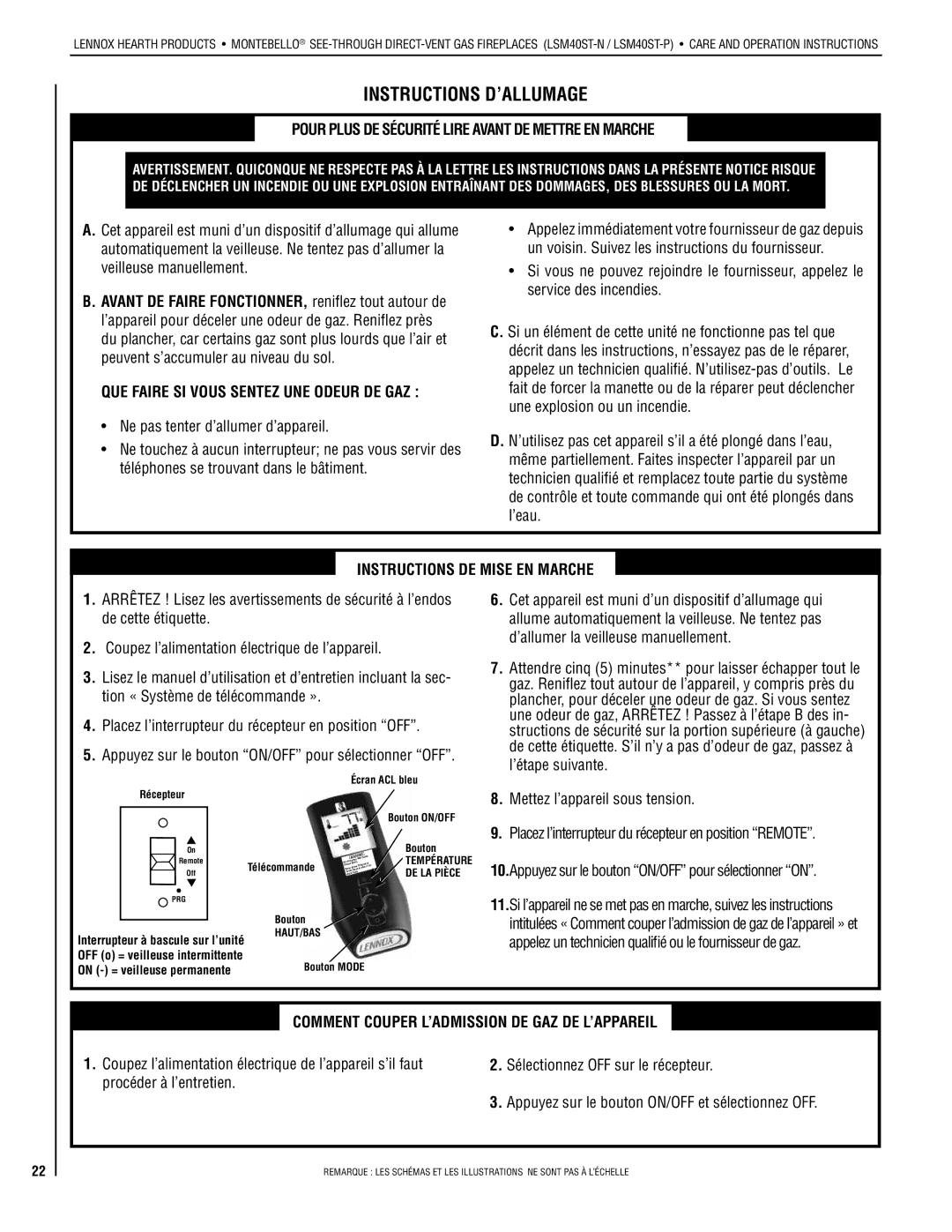 Lennox Hearth LSM40ST-N, LSM40ST-P installation instructions Instructions D’ALLUMAGE 