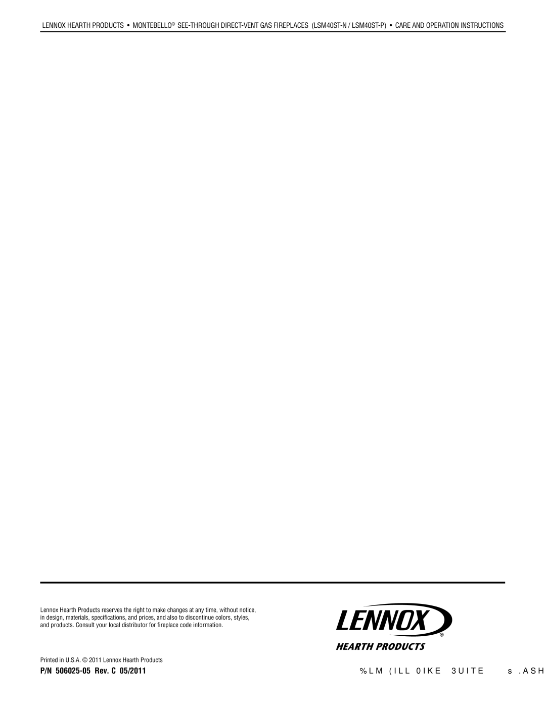 Lennox Hearth LSM40ST-N, LSM40ST-P installation instructions 506025-05 Rev. C 05/2011 