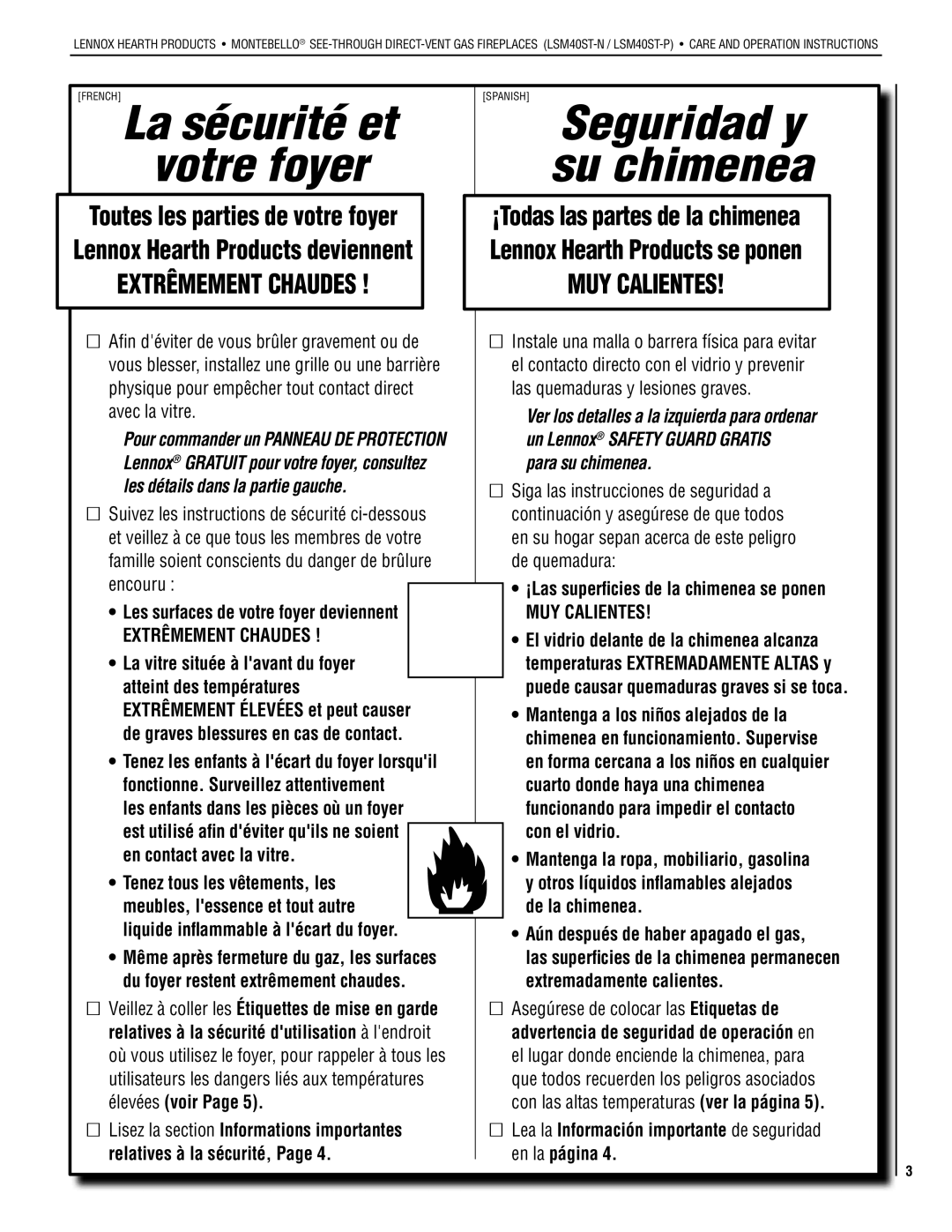 Lennox Hearth LSM40ST-P, LSM40ST-N installation instructions Spanish Seguridad y su chimenea 