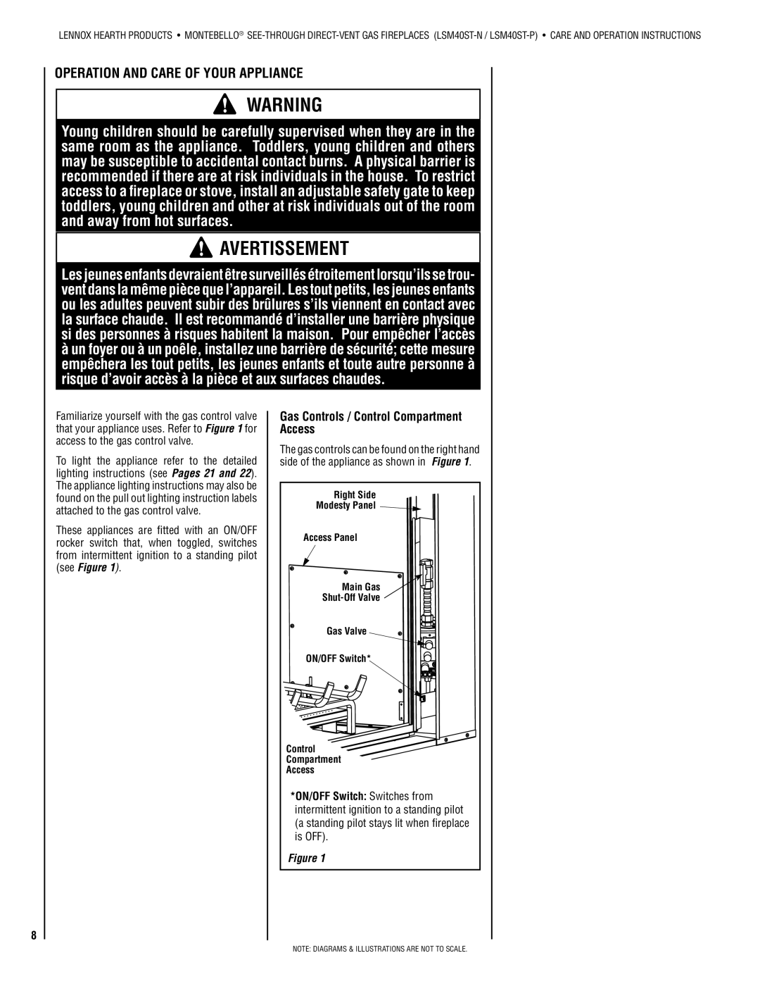 Lennox Hearth LSM40ST-N, LSM40ST-P Operation and care of your appliance, Gas Controls / Control Compartment Access, Is OFF 