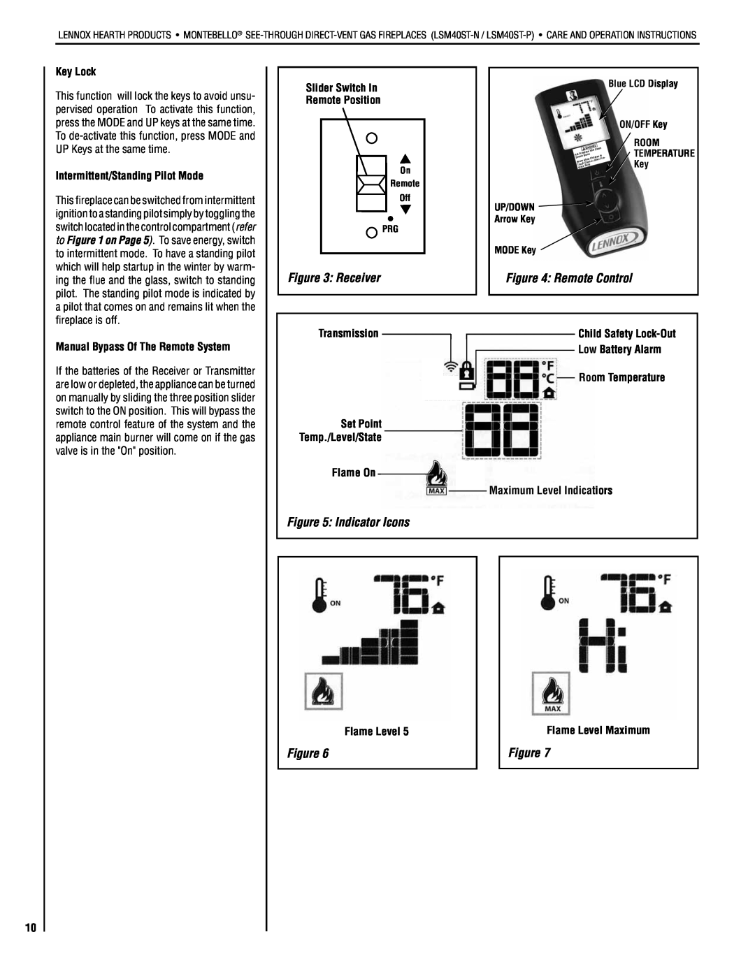 Lennox Hearth LSM40ST-N, LSM40ST-P installation instructions Receiver, Remote Control, Indicator Icons 