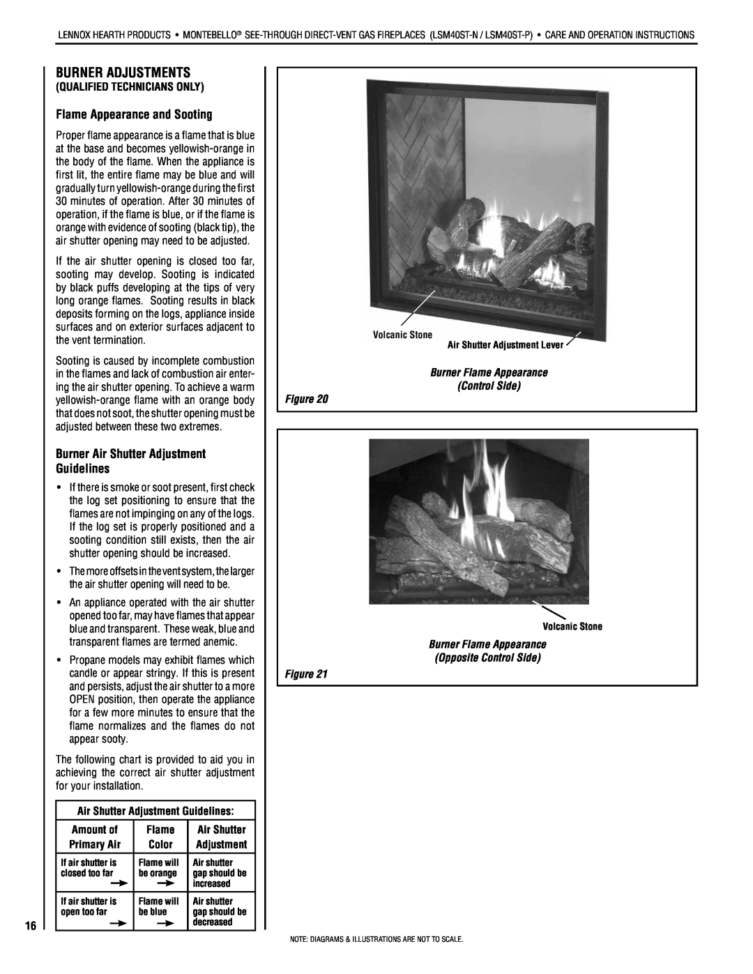 Lennox Hearth LSM40ST-N Burner Adjustments, Flame Appearance and Sooting, Burner Air Shutter Adjustment Guidelines 