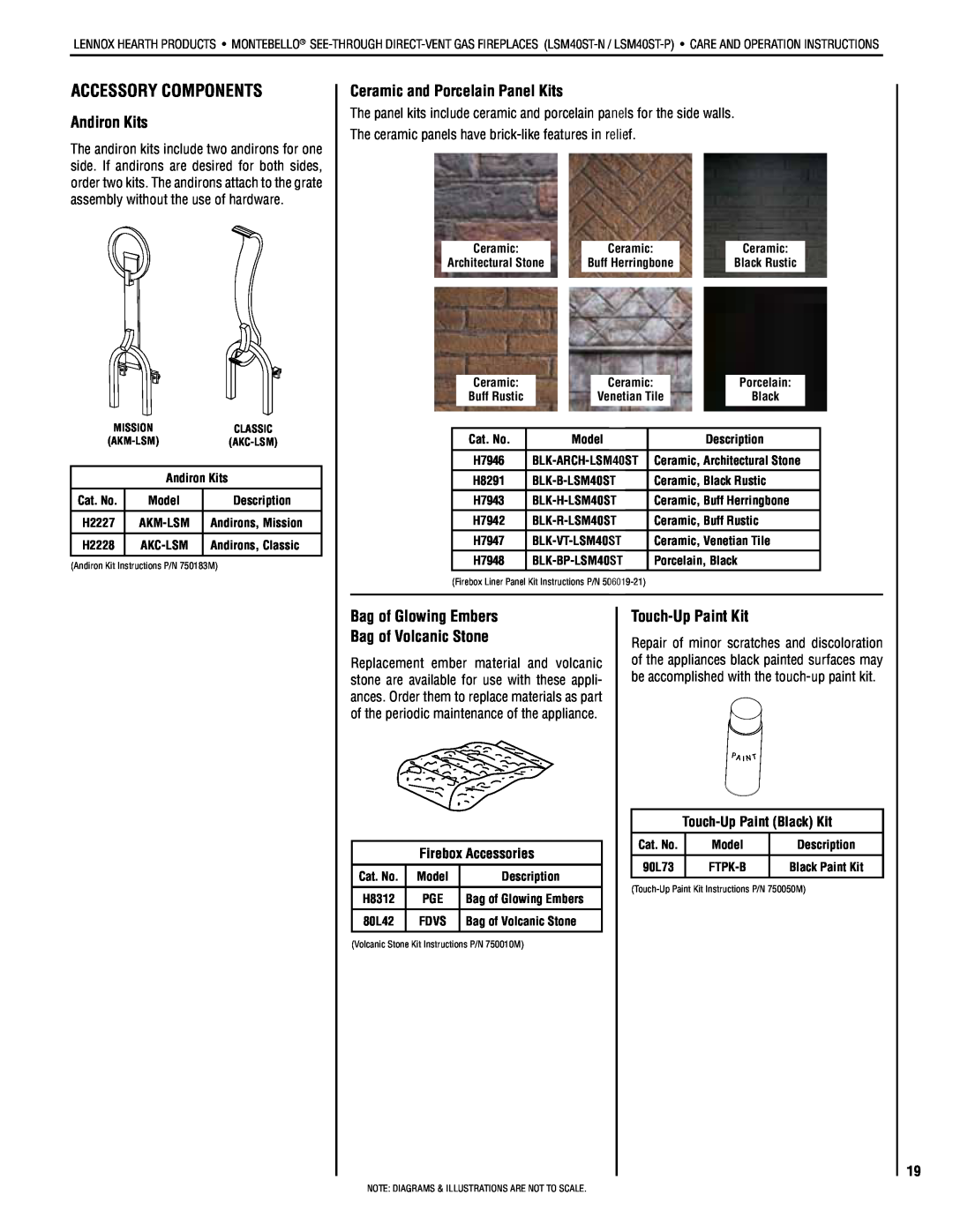Lennox Hearth LSM40ST-P, LSM40ST-N Accessory Components, Andiron Kits, Ceramic and Porcelain Panel Kits, Touch-UpPaint Kit 