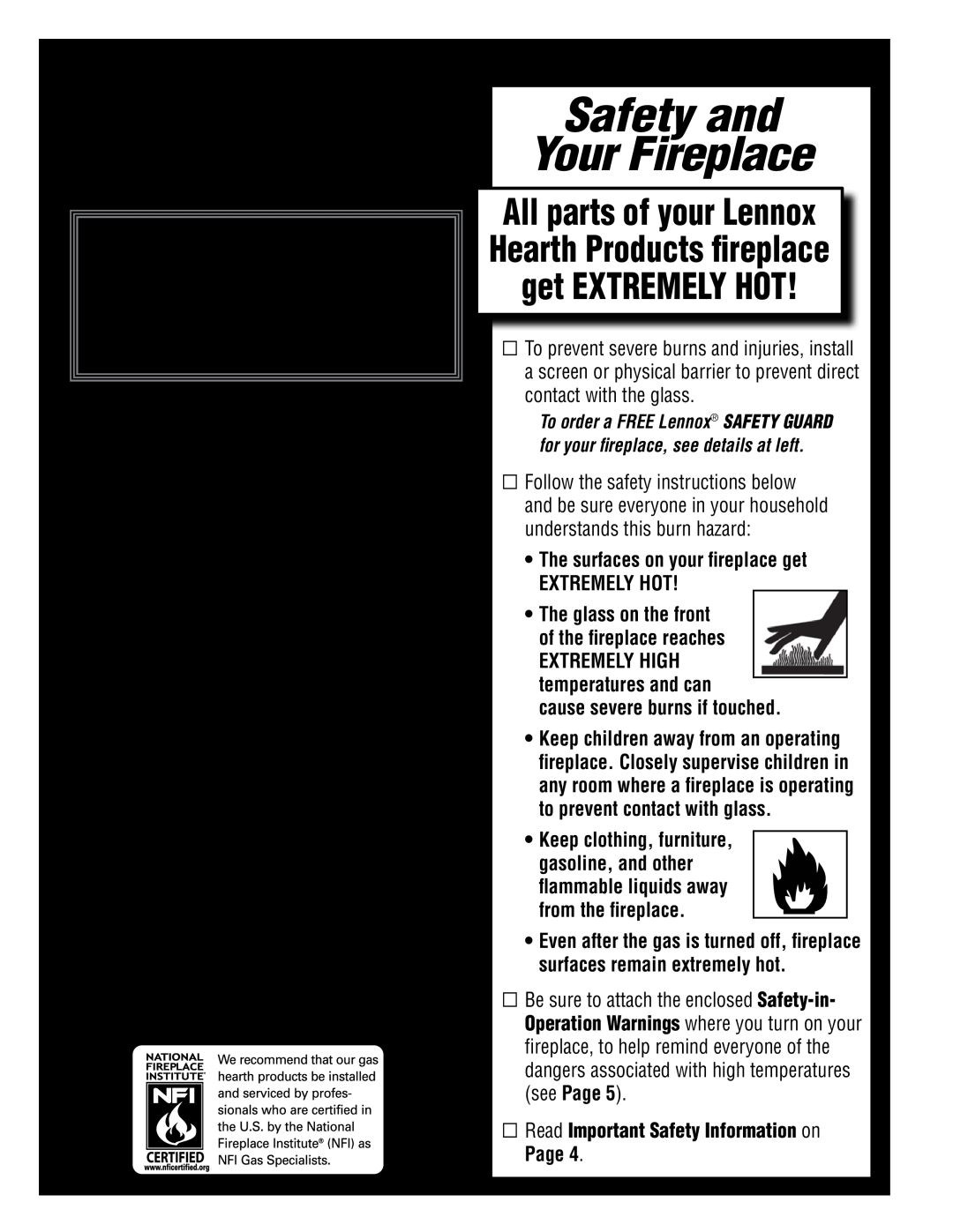 Lennox Hearth LSM40ST-N, LSM40ST-P Safety and Your Fireplace, Free Safety Guard Offer, Table Of Contents 