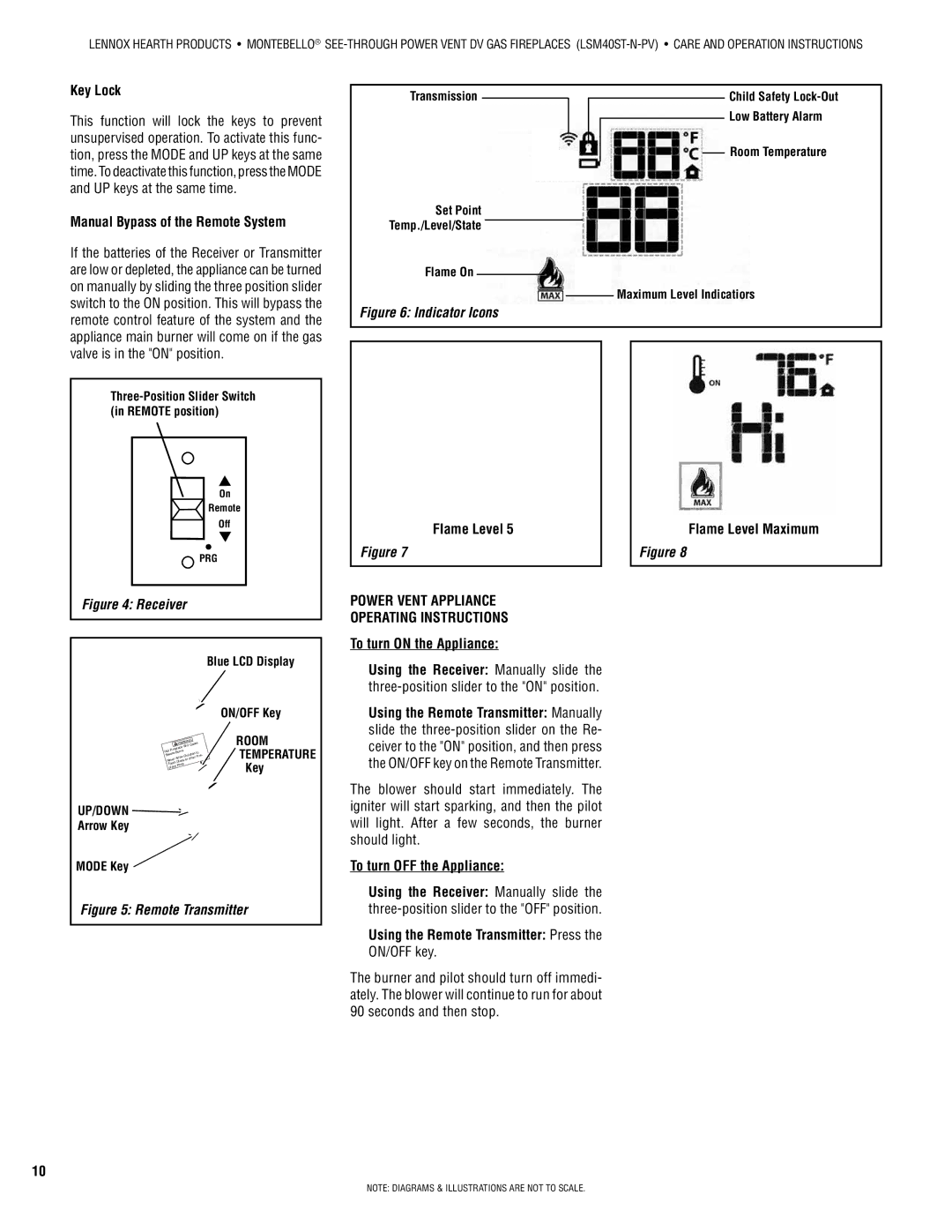 Lennox Hearth LSM40ST-N-PV Key Lock, Manual Bypass of the Remote System, Flame Level, To turn OFF the Appliance 