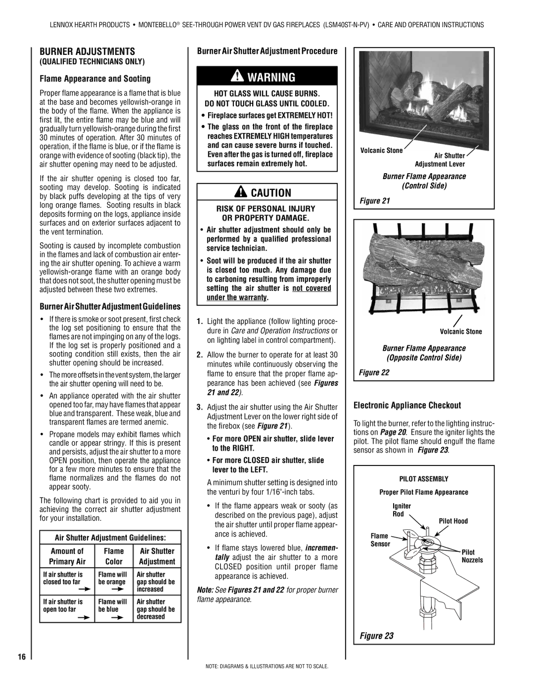 Lennox Hearth LSM40ST-N-PV Burner Adjustments, Flame Appearance and Sooting, Electronic Appliance Checkout, Pilot Assembly 