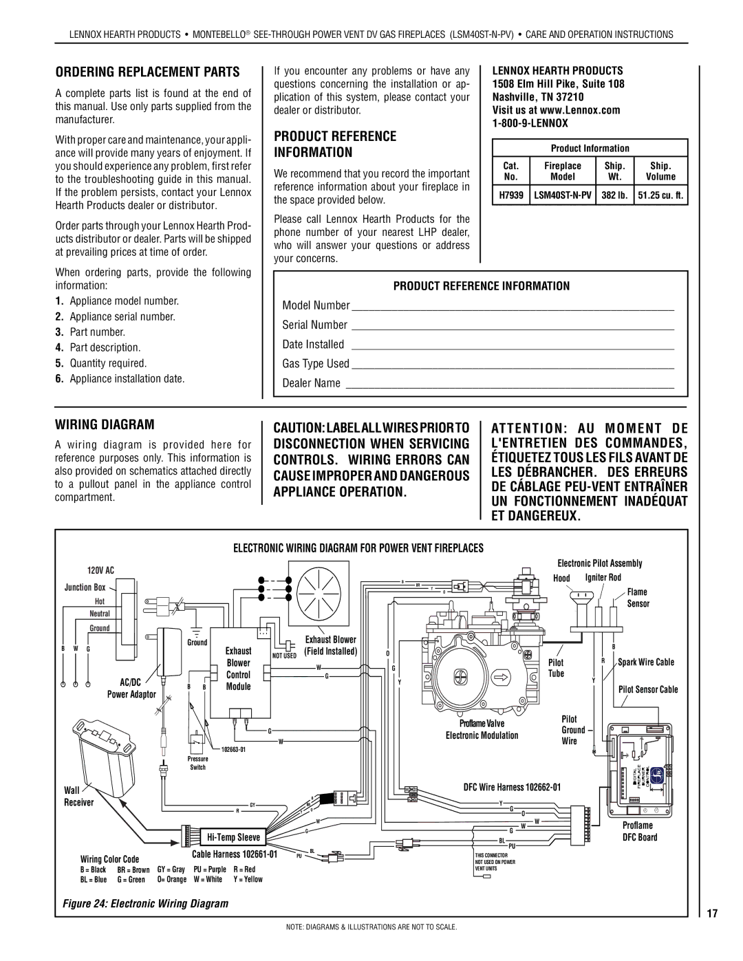 Lennox Hearth LSM40ST-N-PV Ordering Replacement parts, Product Reference, Information, Wiring Diagram, Appliance Operation 