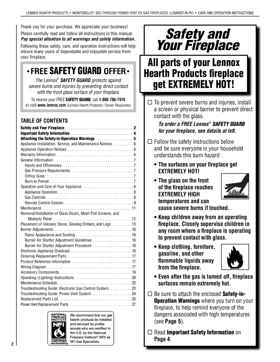 Lennox Hearth LSM40ST-N-PV installation instructions Safety Your Fireplace 