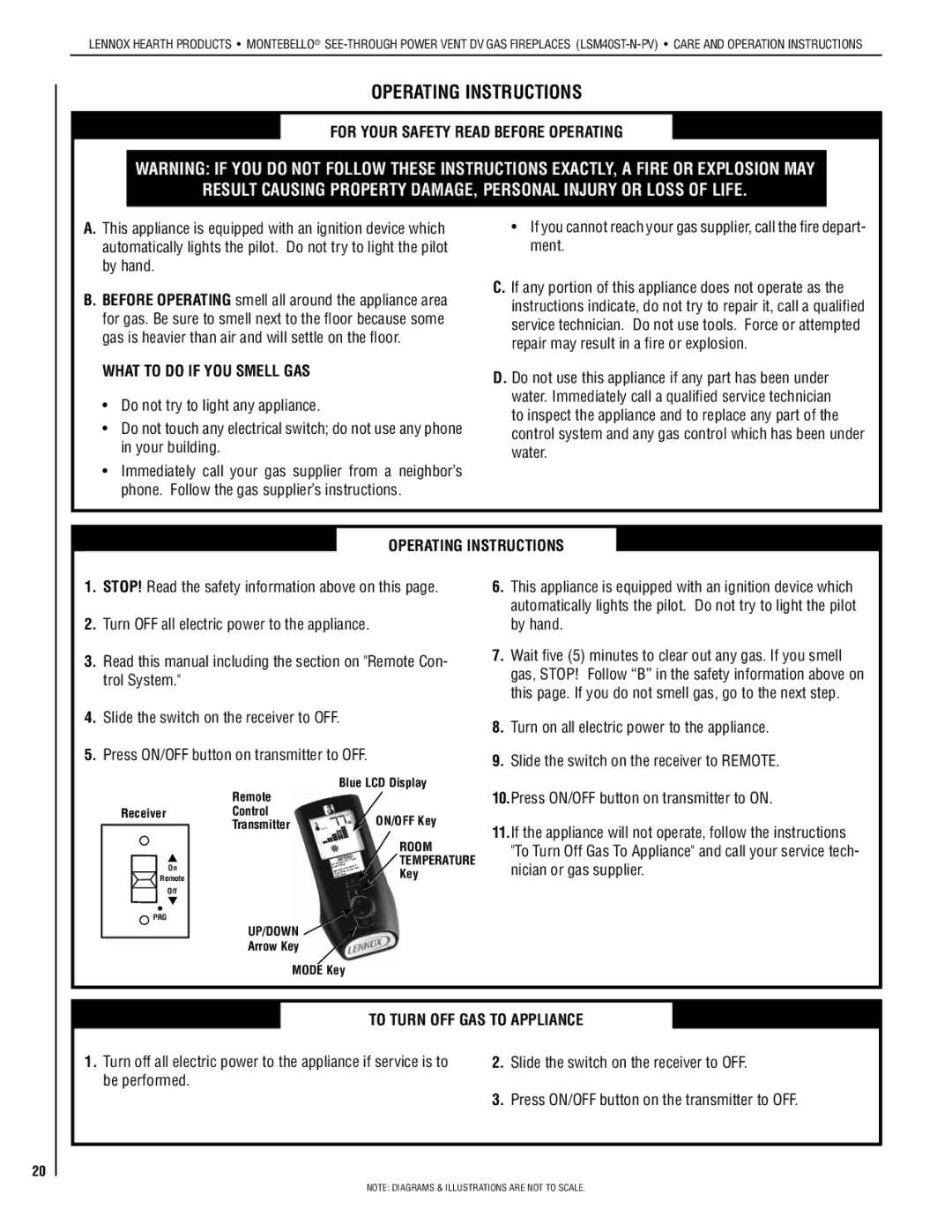 Lennox Hearth LSM40ST-N-PV For Your Safety Read Before Operating, What to do if YOU Smell GAS, Operating Instructions 