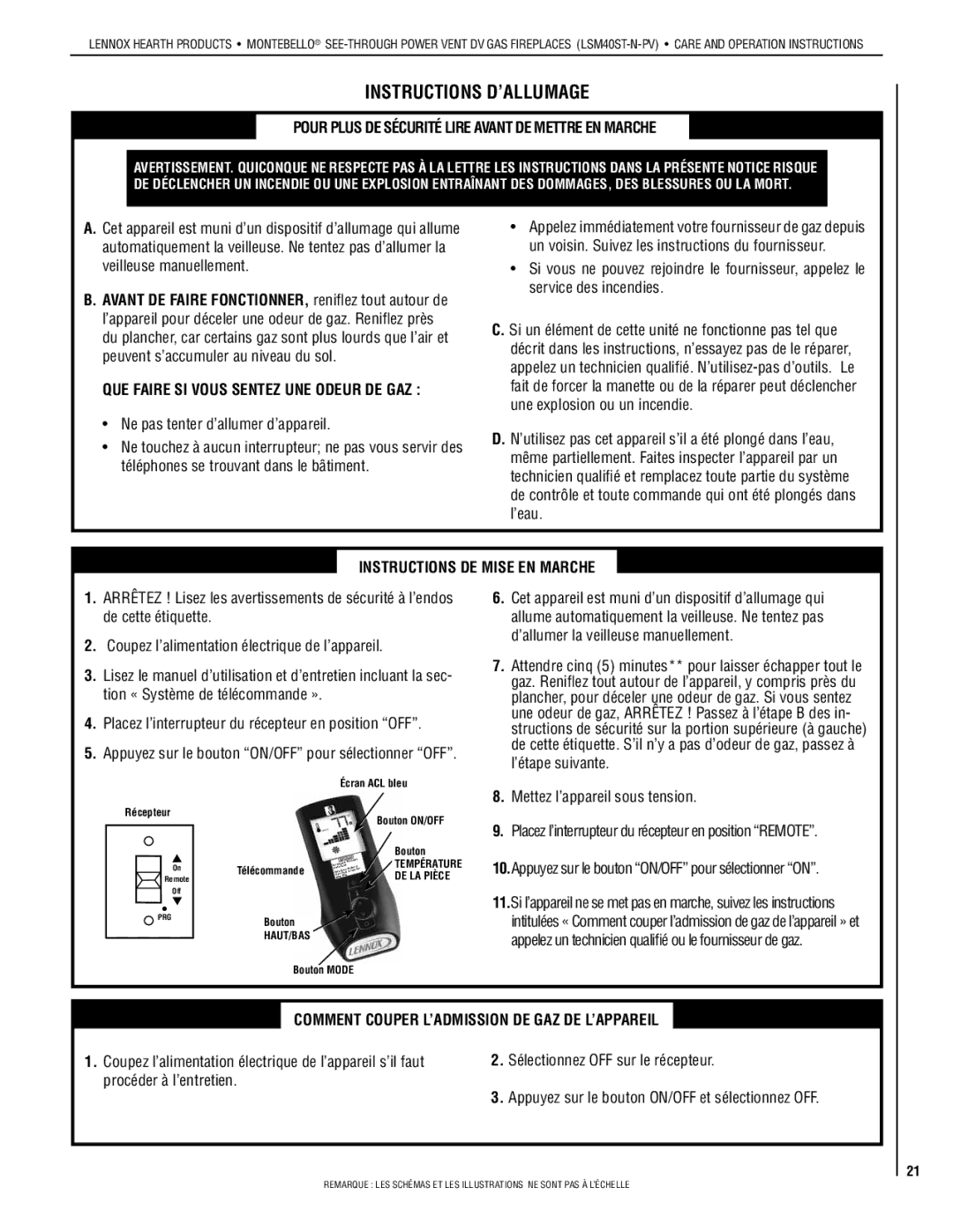 Lennox Hearth LSM40ST-N-PV Pour Plus DE Sécurité Lire Avant DE Mettre EN Marche, QUE Faire SI Vous Sentez UNE Odeur DE GAZ 