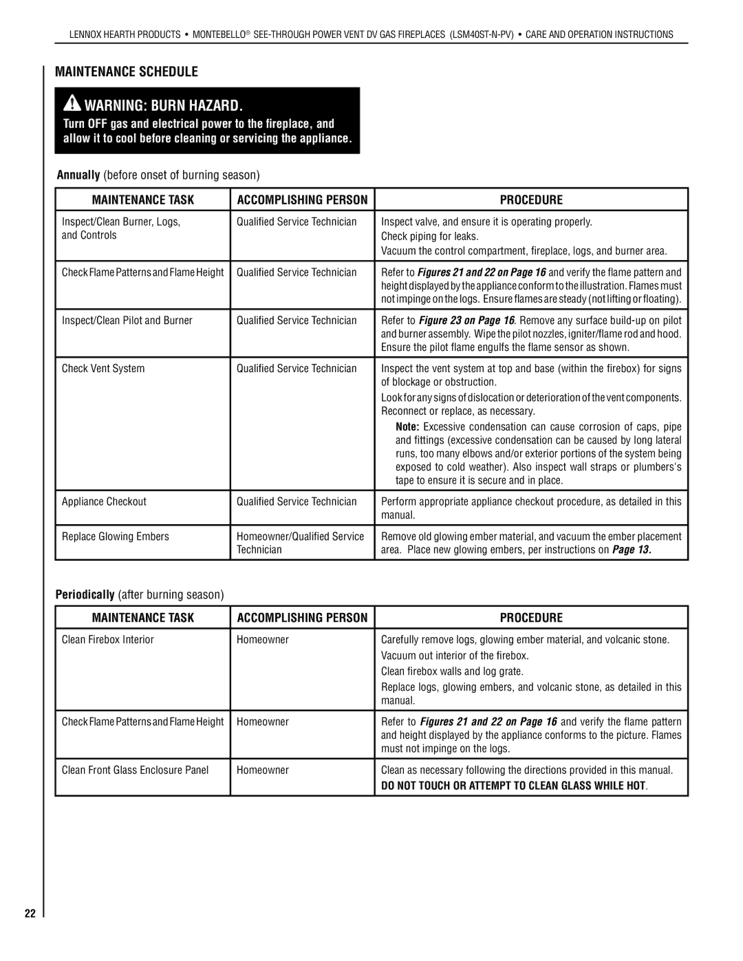 Lennox Hearth LSM40ST-N-PV installation instructions Maintenance Schedule, Maintenance Task, Procedure 