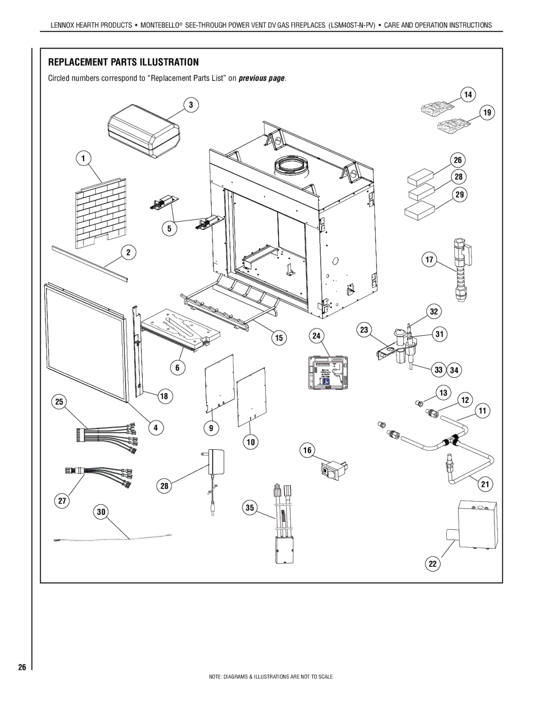 Lennox Hearth LSM40ST-N-PV installation instructions Replacement Parts Illustration 