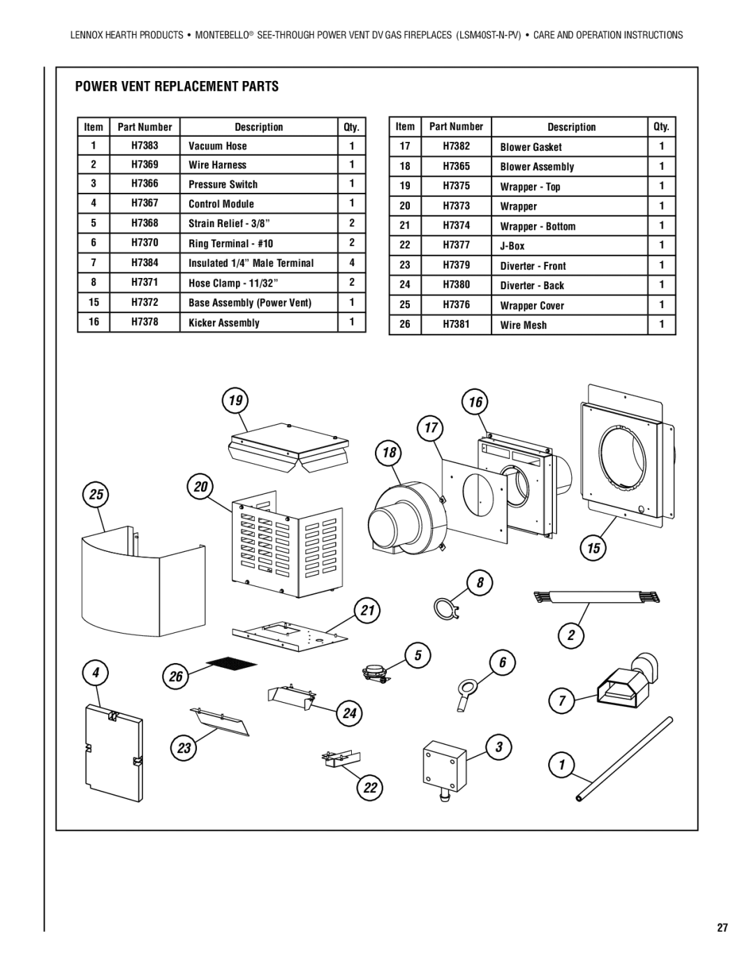 Lennox Hearth LSM40ST-N-PV installation instructions Power Vent Replacement Parts, 2520 