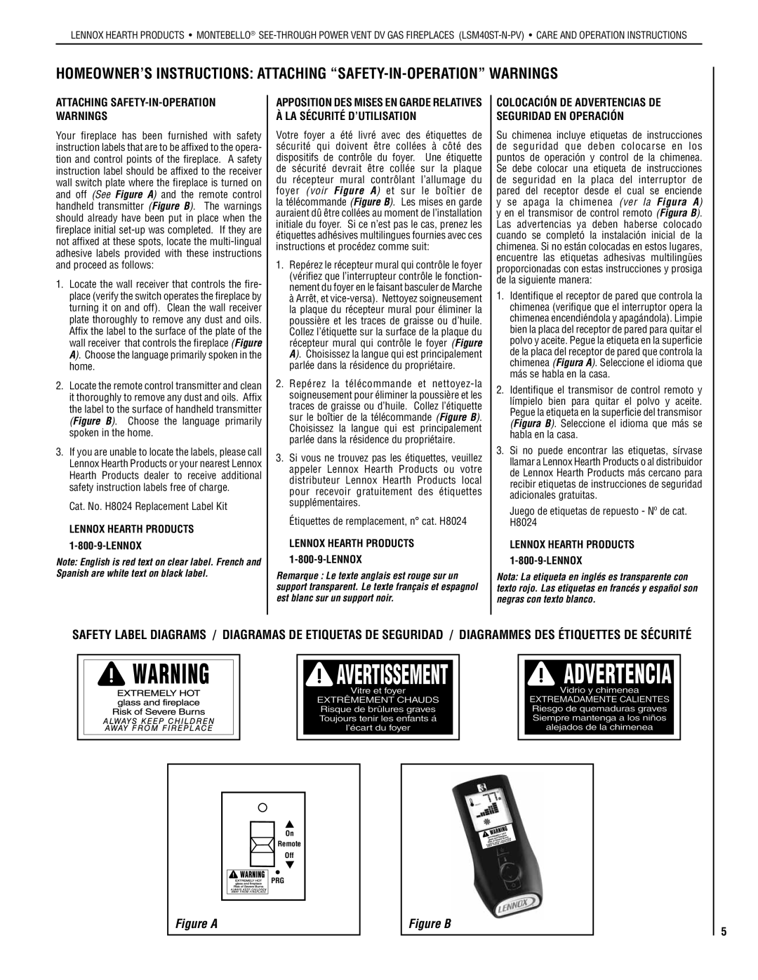 Lennox Hearth LSM40ST-N-PV Attaching Safety-in-Operation Warnings, Colocación de advertencias de seguridad en operación 