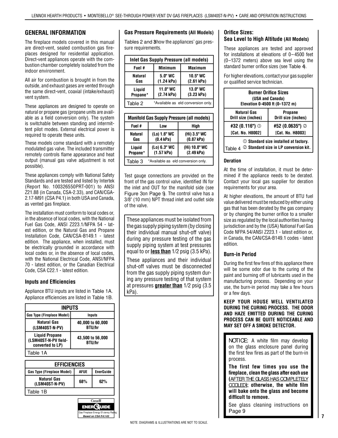 Lennox Hearth LSM40ST-N-PV installation instructions General Information, Efficiencies 