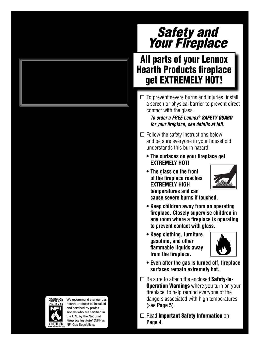 Lennox Hearth LSM40ST-N-PV Safety and Your Fireplace, • Free Safety Guard Offer •, Table Of Contents 