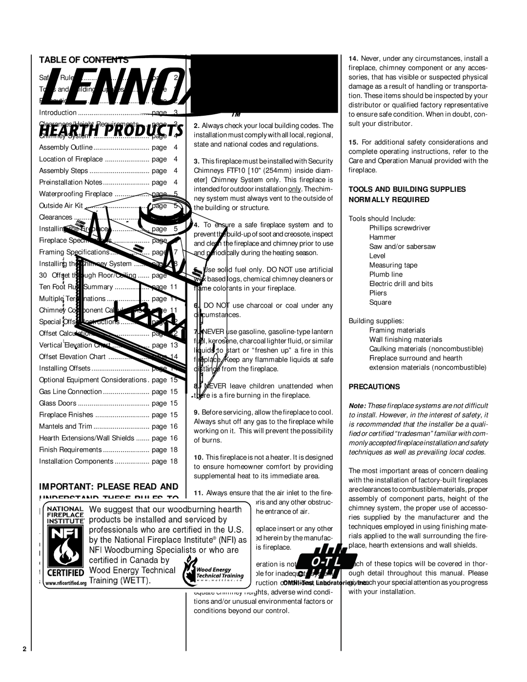 Lennox Hearth LSO-43 installation instructions Table of Contents 