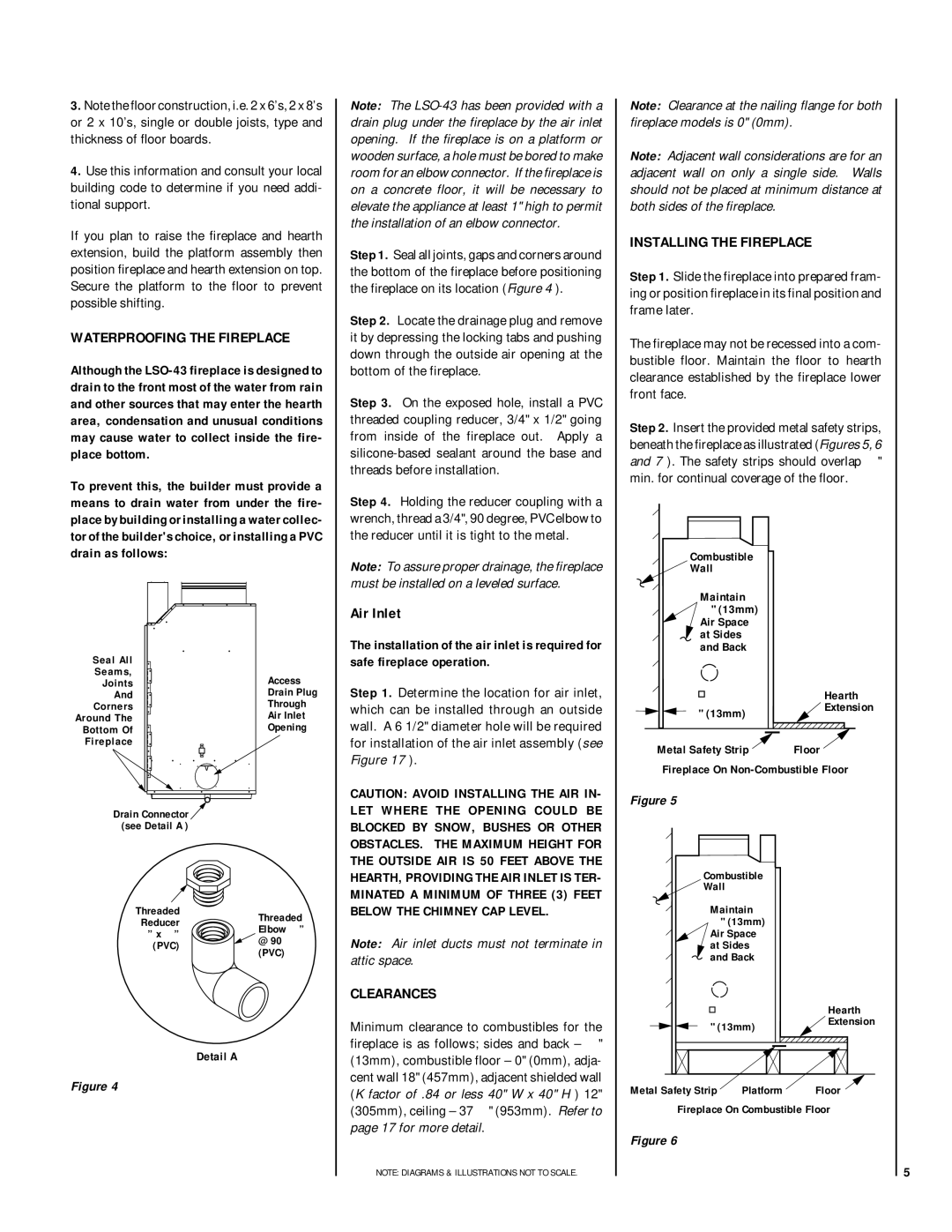 Lennox Hearth LSO-43 Waterproofing the Fireplace, Installing the Fireplace, Air Inlet, Clearances, Drain as follows 