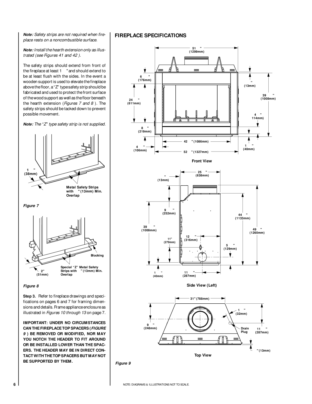 Lennox Hearth LSO-43 installation instructions Fireplace Specifications, Front View, Side View Left, Top View, ¹⁄₂ 38mm 