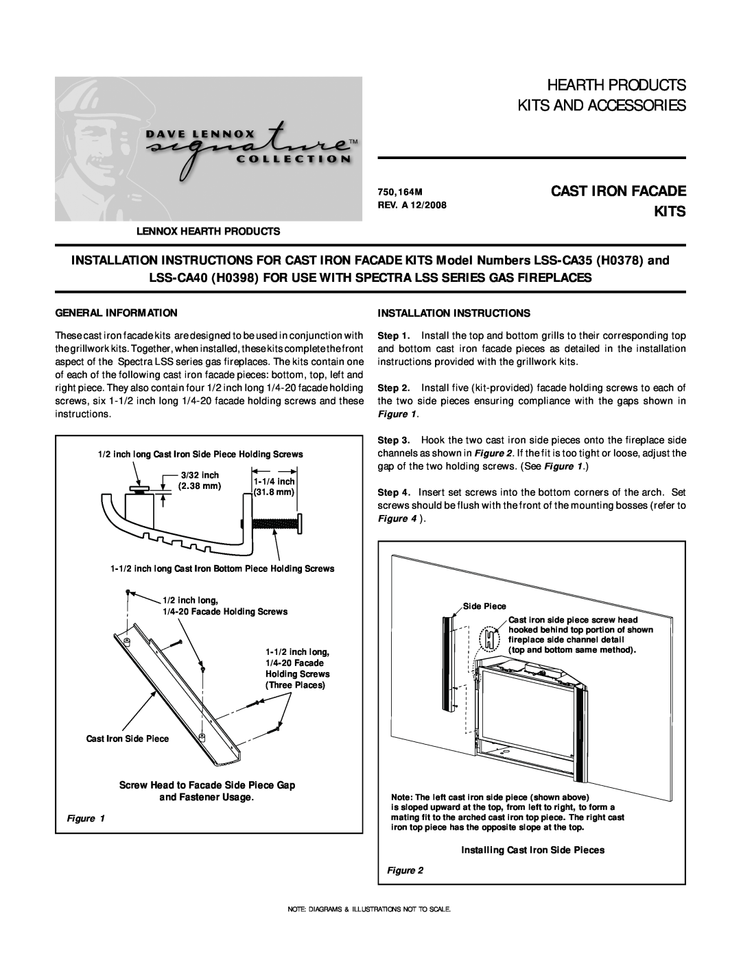 Lennox Hearth LSS-CA35 installation instructions 1/2 inch long Cast Iron Side Piece Holding Screws, Cast Iron Facade Kits 