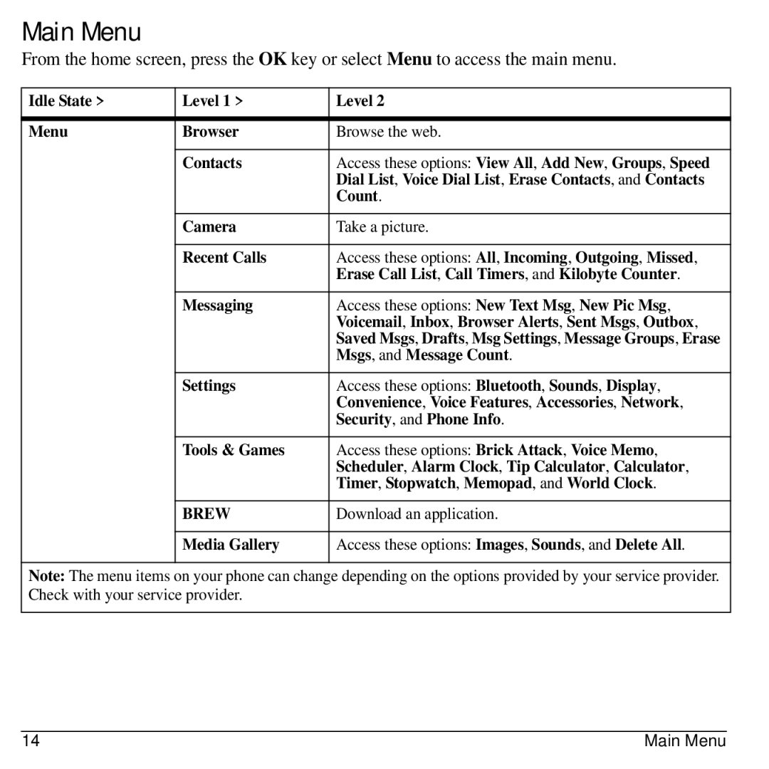 Lennox Hearth M1400 manual Main Menu, Brew 