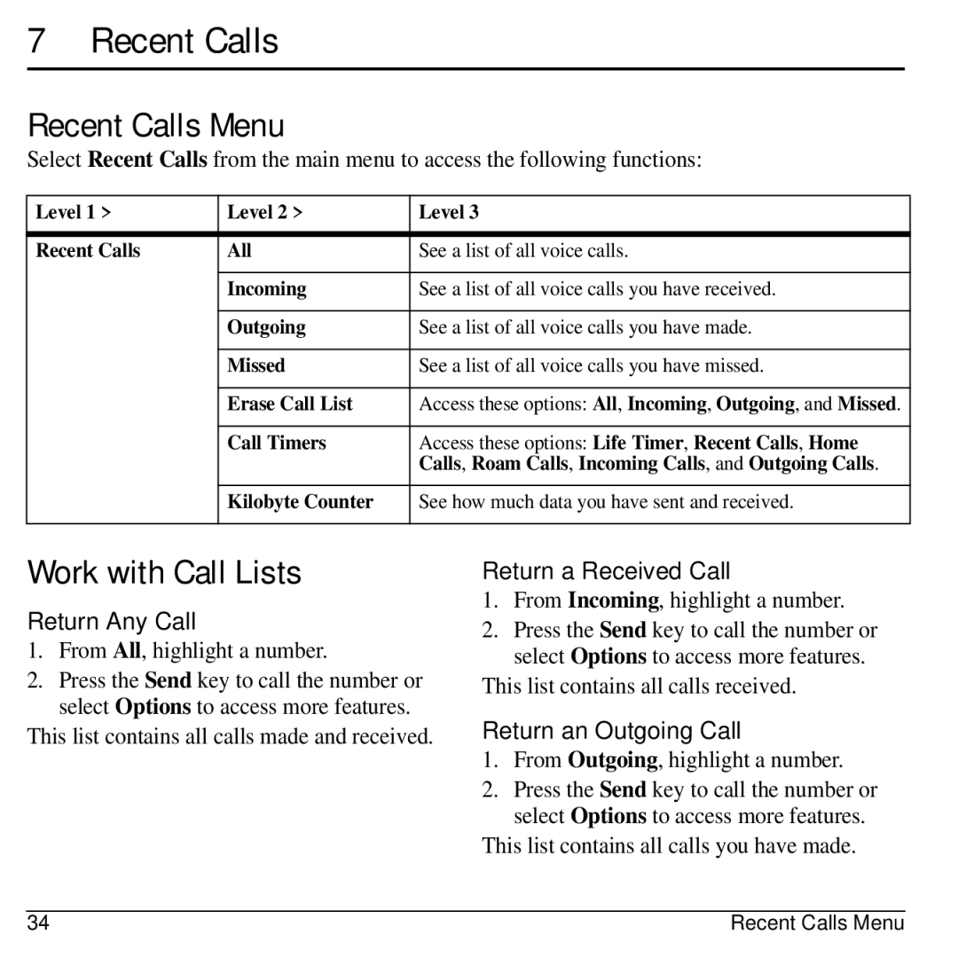 Lennox Hearth M1400 manual Recent Calls Menu, Work with Call Lists 