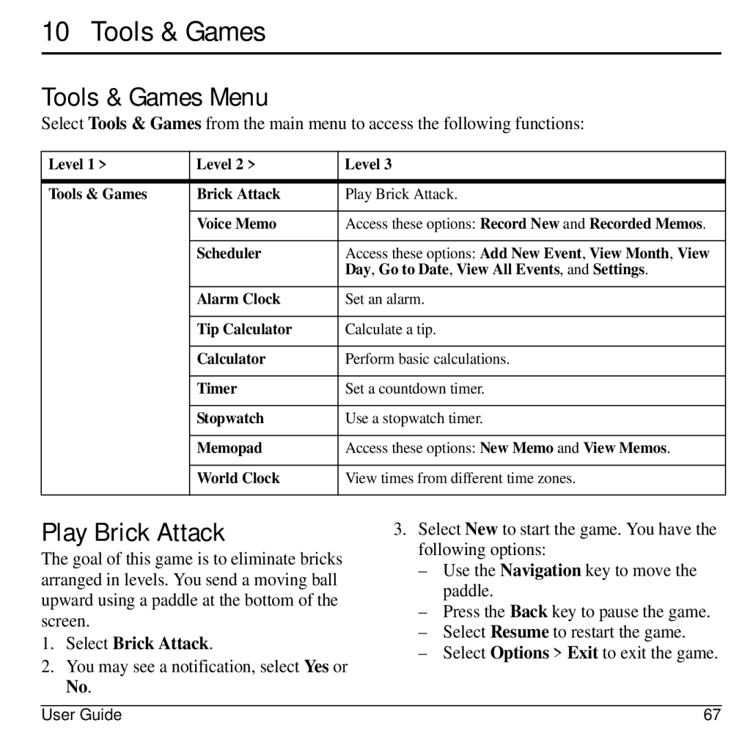 Lennox Hearth M1400 manual Tools & Games Menu, Play Brick Attack, Select Resume to restart the game 