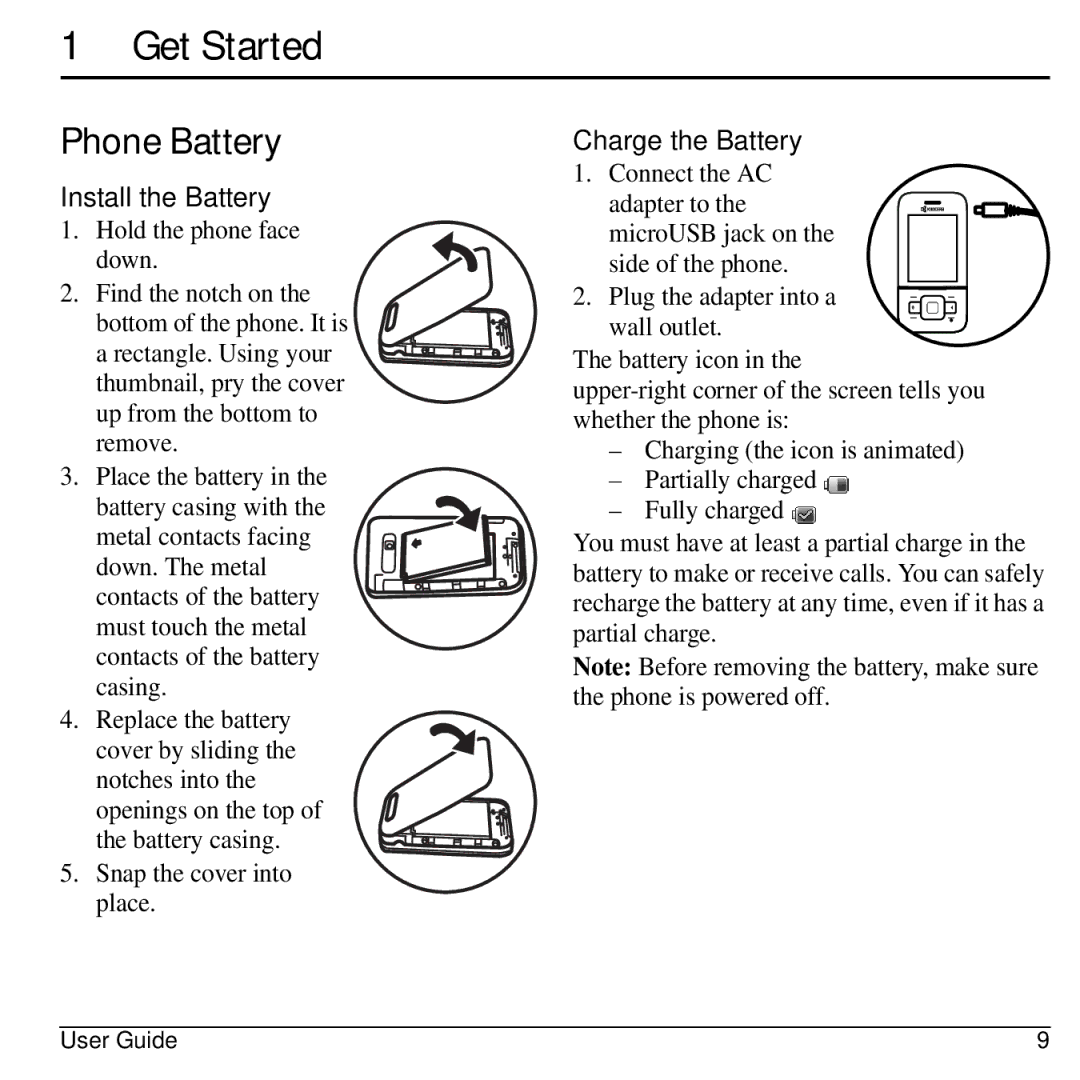 Lennox Hearth M1400 manual Get Started, Phone Battery, Install the Battery, Charge the Battery 