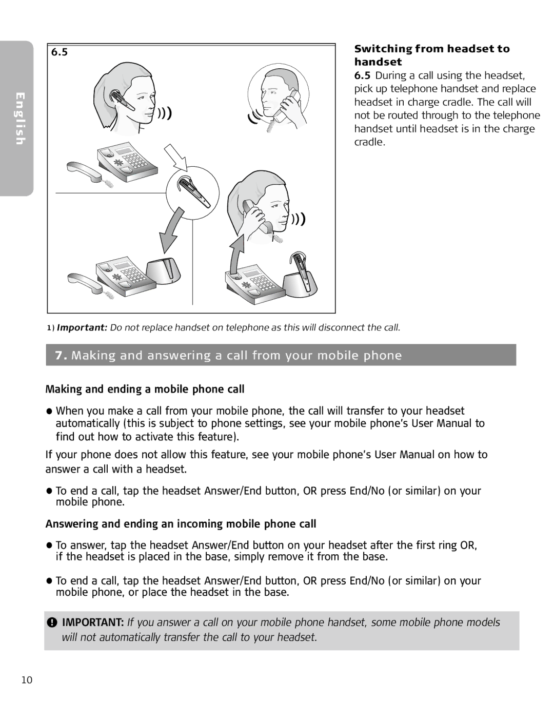 Lennox Hearth M5390 user manual Making and answering a call from your mobile phone, Switching from headset to, Handset 