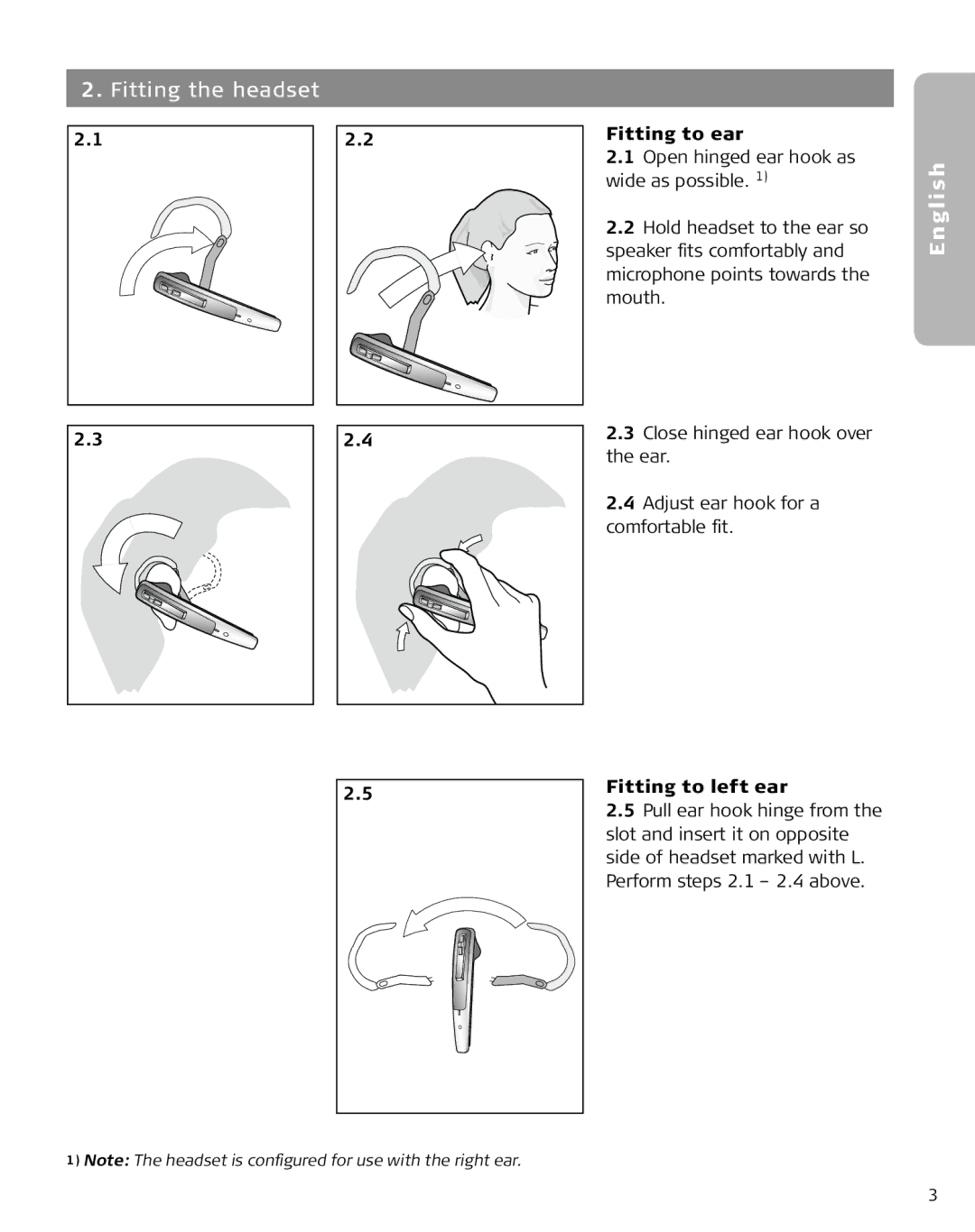 Lennox Hearth M5390 user manual Fitting the headset, Fitting to ear, Fitting to left ear 