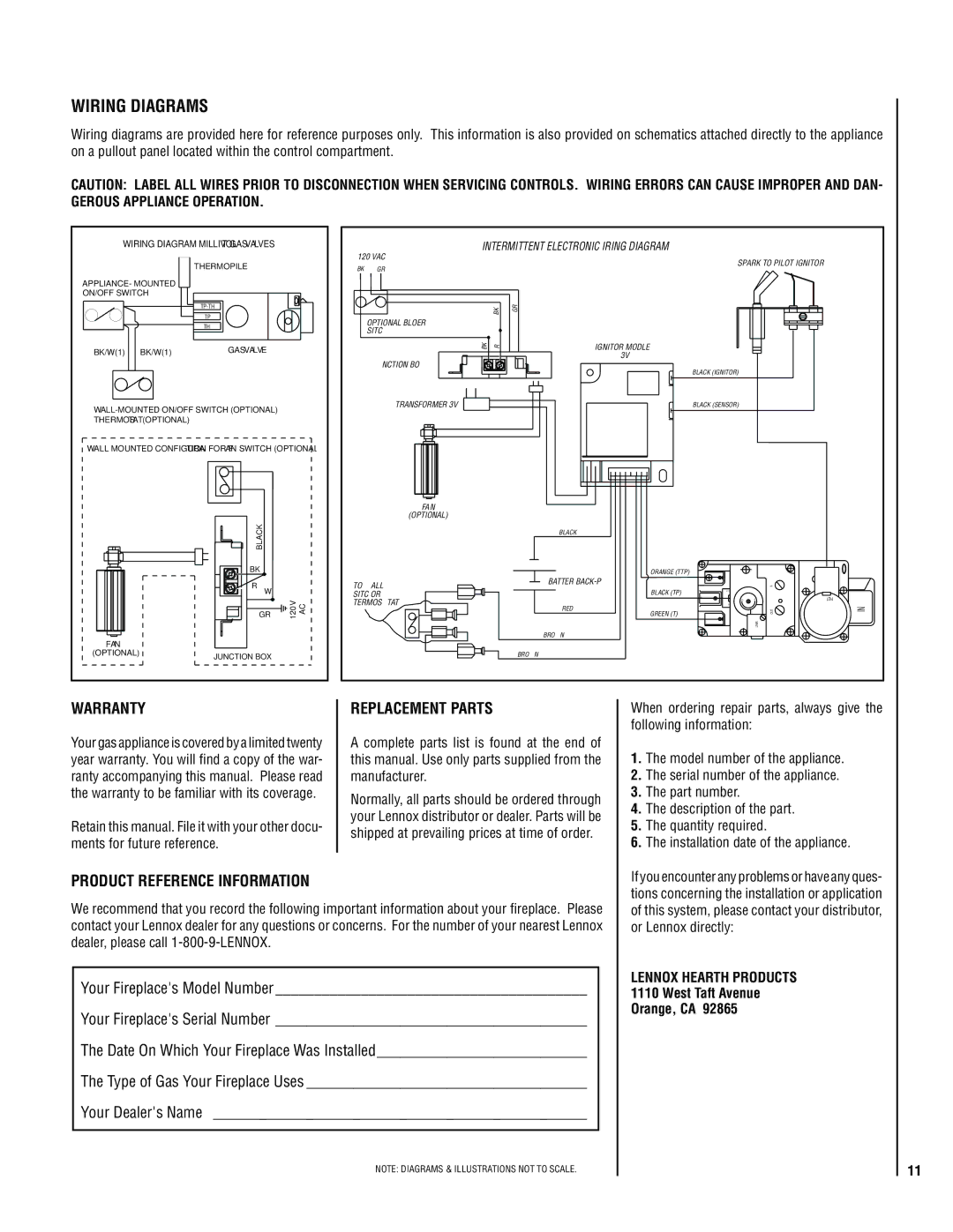 Lennox Hearth MP54-VDLE Warranty Replacement parts, Product reference information, Lennox Hearth Products, Orange, CA 