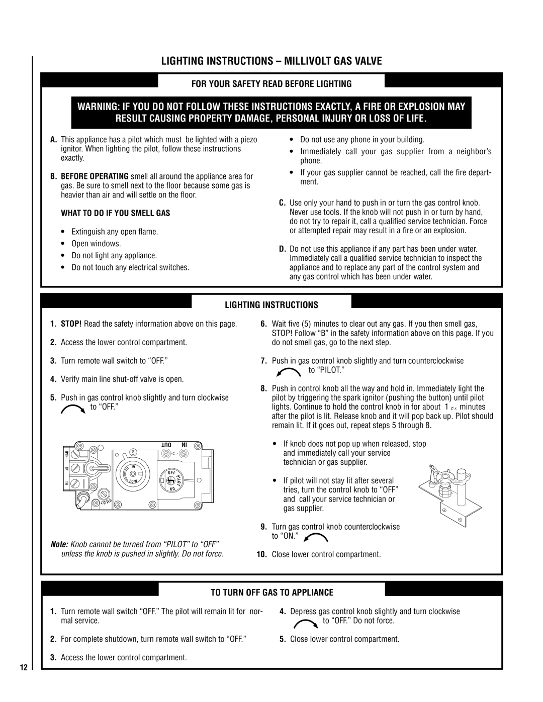 Lennox Hearth EN54-VDLE, MN04-VDLE manual Lighting Instructions Millivolt GAS Valve, For Your Safety Read Before Lighting 