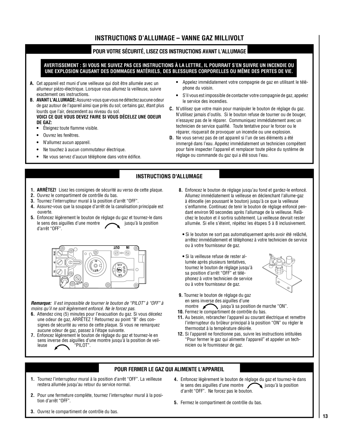 Lennox Hearth MN53-VDLE, MN04-VDLE, MP53-VDLE, MP54-VDLE Instructions D’ALLUMAGE Vanne GAZ Millivolt, Instructions Dallumage 