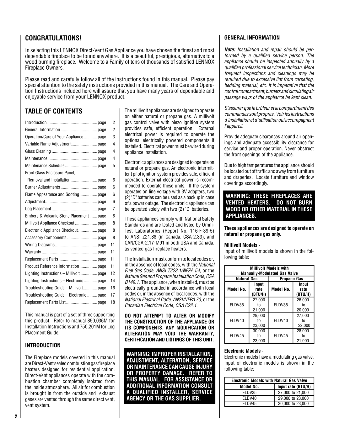 Lennox Hearth MP54-VDLE, MN04-VDLE, MP53-VDLE, EN54-VDLE, MN53-VDLE, MP04-VDLE, MN54-VDLE, EN04-VDLE, EN53-VDLE Table of Contents 