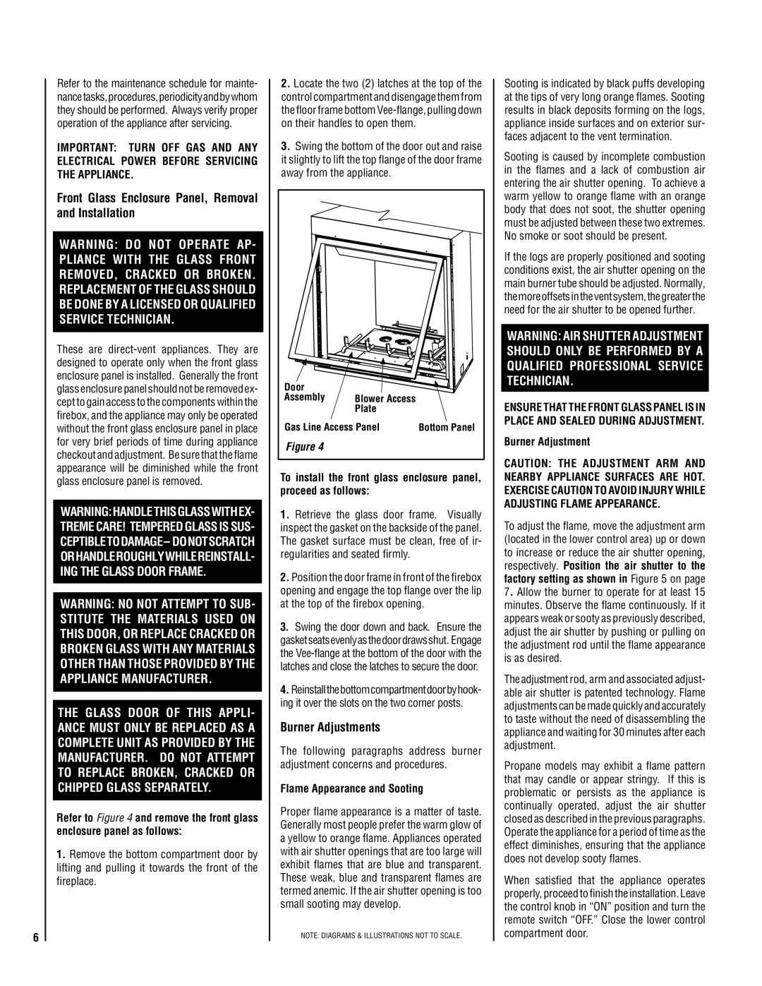 Lennox Hearth MN54-VDLE, MN04-VDLE, MP53-VDLE Front Glass Enclosure Panel, Removal and Installation, Burner Adjustments 