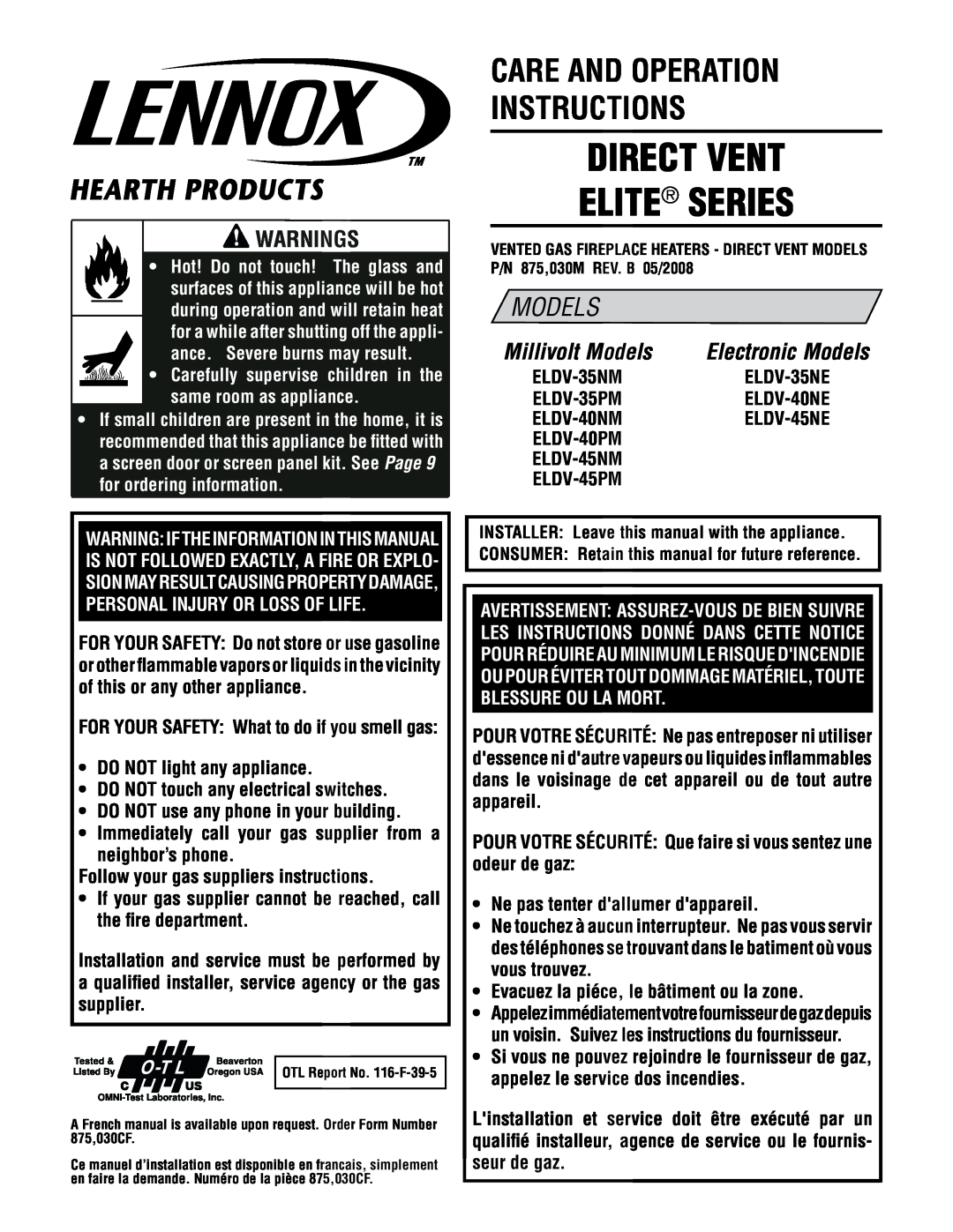 Lennox Hearth MP53-VDLE, MN04-VDLE manual Direct Vent Elite Series, care and operation instructions, Models, Warnings 