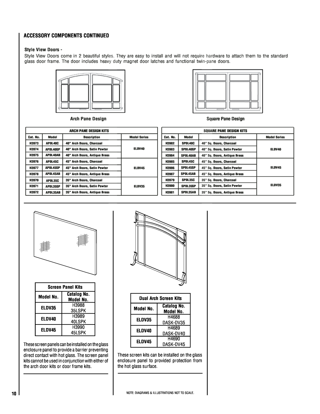 Lennox Hearth MP53-VDLE Accessory Components Continued, Style View Doors, Arch Pane Design, ELDV45 H3990 45LSPK, H4688 