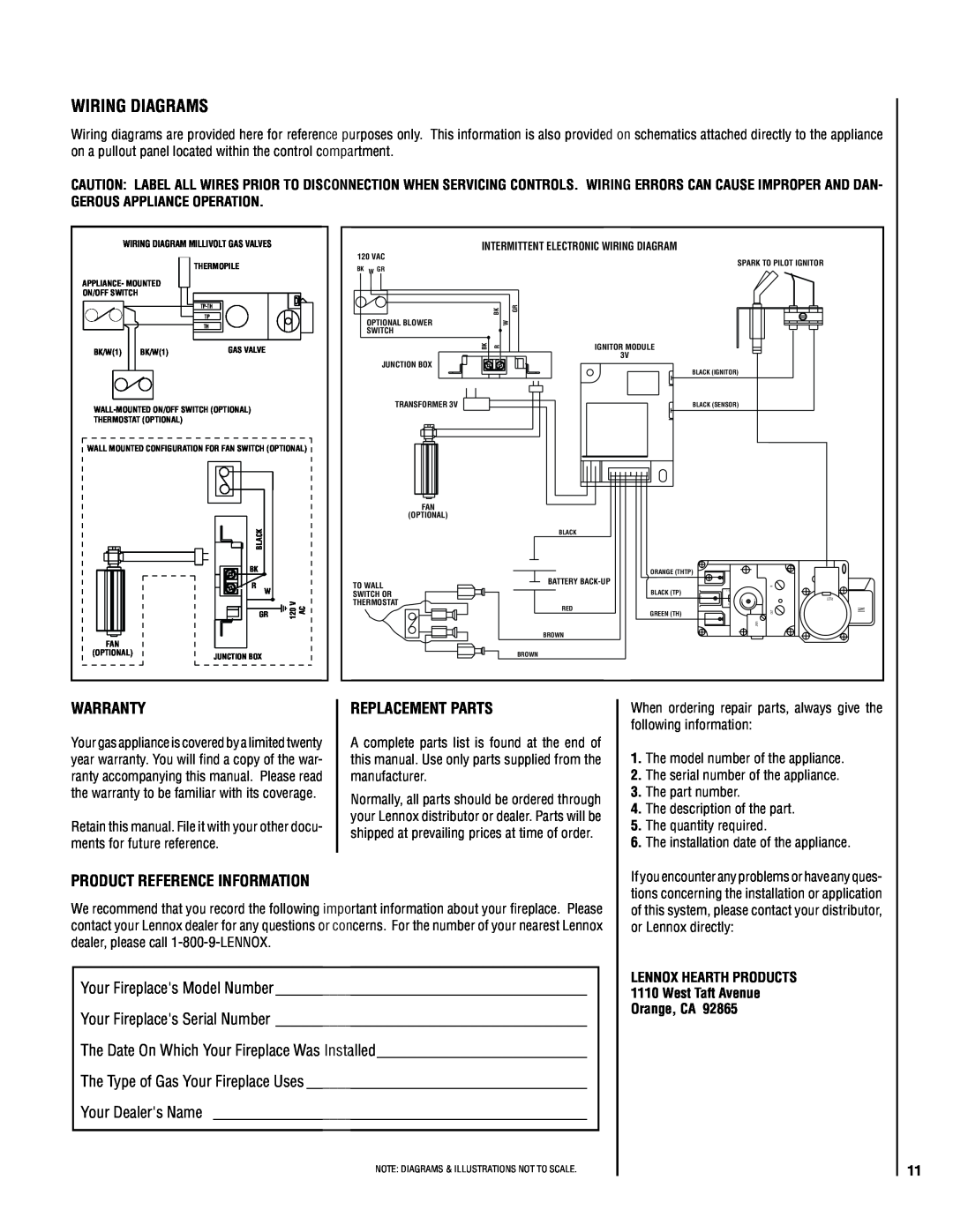 Lennox Hearth MP54-VDLE, MN04-VDLE, MP53-VDLE Wiring Diagrams, Warranty, Replacement parts, Product reference information 