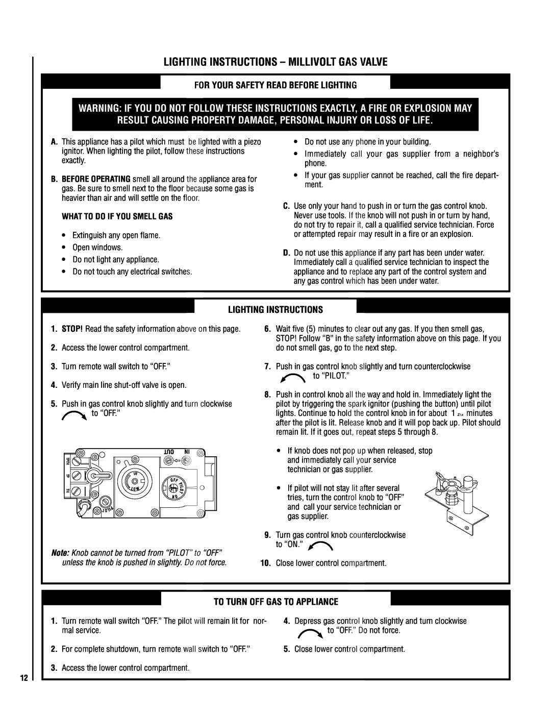 Lennox Hearth EN54-VDLE, MN04-VDLE manual Lighting Instructions - Millivolt GAS VALVE, For Your Safety Read Before Lighting 