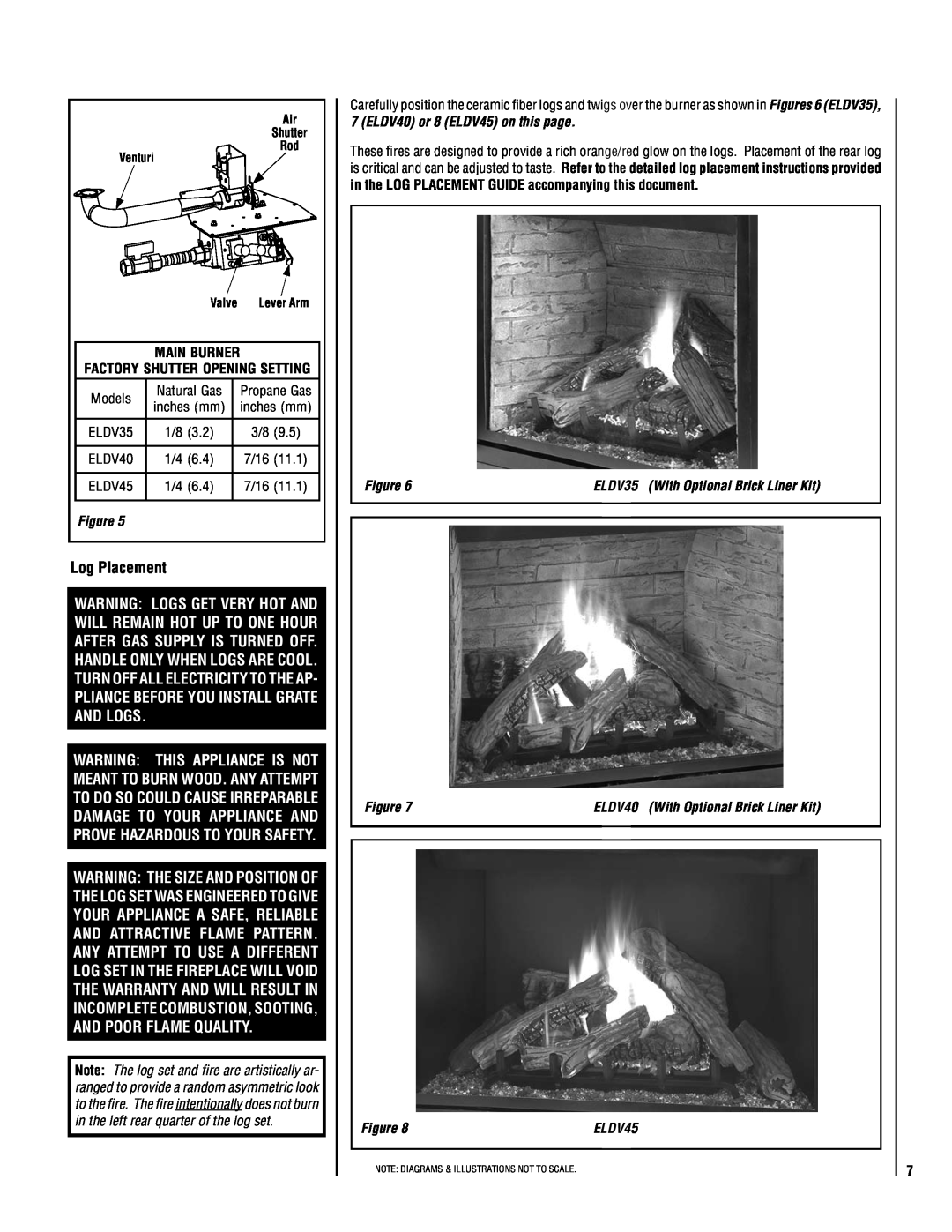 Lennox Hearth EN04-VDLE, MN04-VDLE Log Placement, ELDV40 or 8 ELDV45 on this page, ELDV35 With Optional Brick Liner Kit 