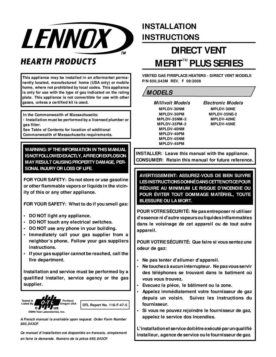 Lennox Hearth MN03-VDLPM, MN04-VDLPM, MP54-VDLPM, MP03-VDLPM installation instructions OTL Report No -F-47-5, MPLDV-35NM-2 