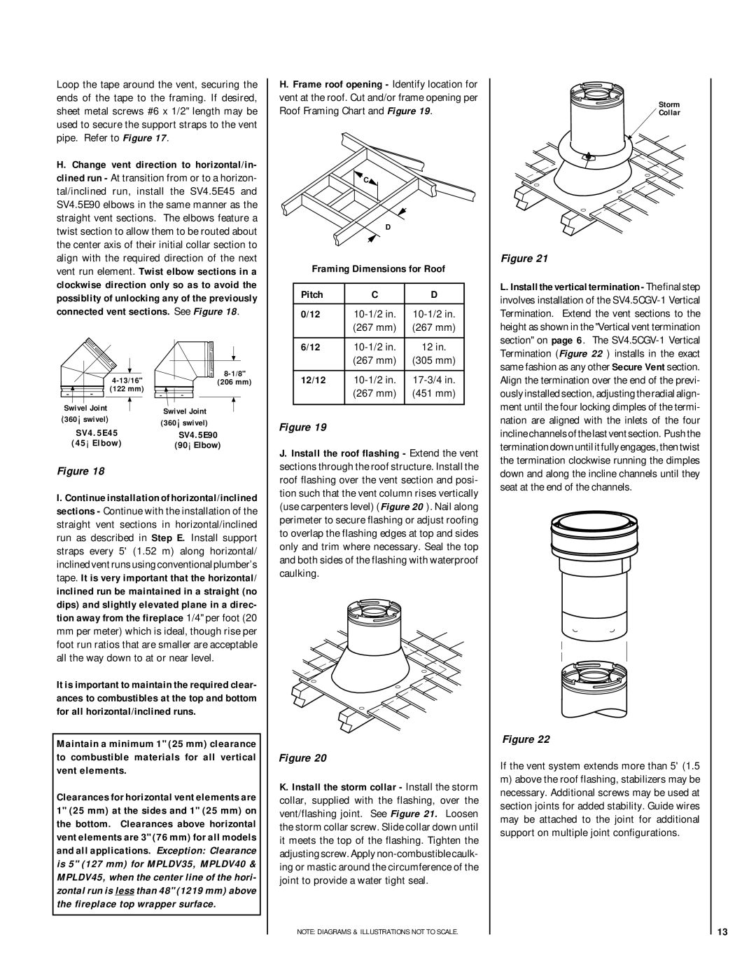 Lennox Hearth MN03-VDLPM Framing Dimensions for Roof Pitch, 10-1/2 267 mm, 12/12, If the vent system extends more than 5 