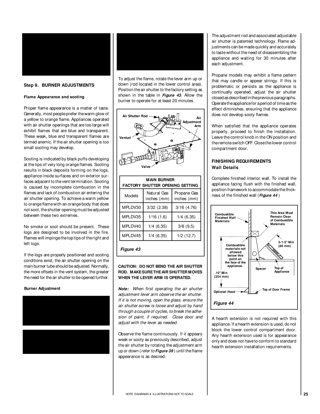 Lennox Hearth MN03-VDLPM Burner Adjustments, Finishing Requirements, Wall Details, Flame Appearance and sooting 