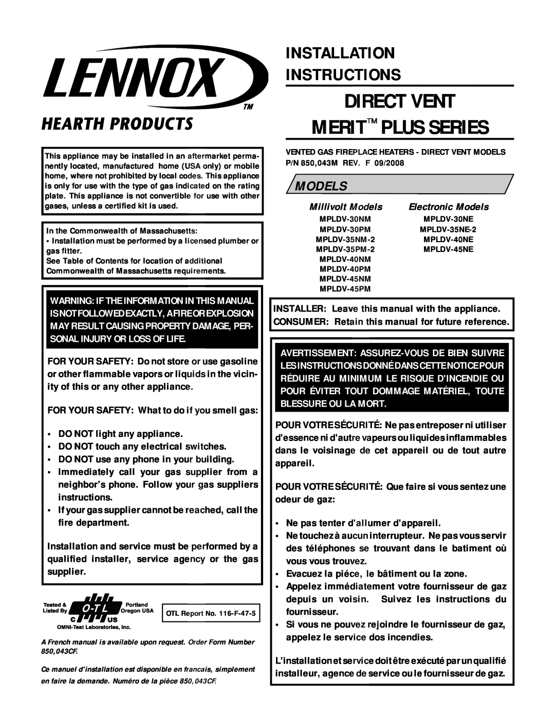 Lennox Hearth MN03-VDLPM installation instructions Direct Vent Merit Plus Series, Installation Instructions, Models 